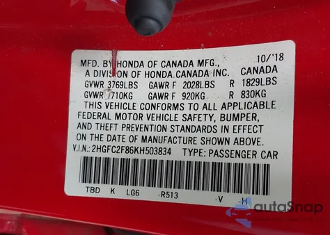 2019 Honda Civic Sport z USA, uszkodzony, nr VIN 2HGFC2F86KH503834